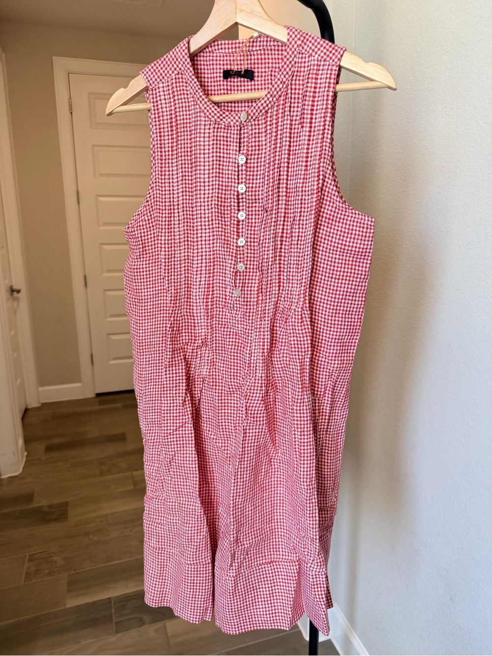 Quince 100% European Linen Sleeveless Swing Dress Classic Red Mini Gingham S